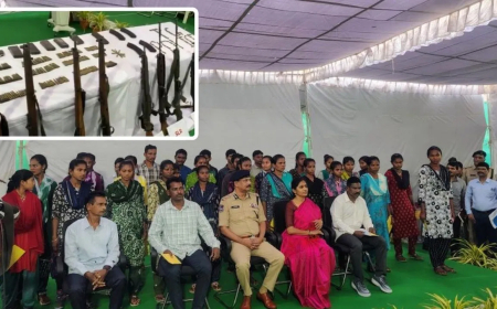 हैदराबाद 37 नक्सलियों का सरेंडर: कुख्यात कमांडर हिडमा से था लिंक, 1.41 करोड़ के इनामी 37 नक्सलियों ने हथियार सौंपे; सुरक्षा बलों की बड़ी सफलता
