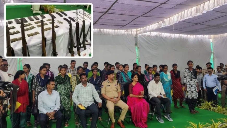 हैदराबाद 37 नक्सलियों का सरेंडर: कुख्यात कमांडर हिडमा से था लिंक, 1.41 करोड़ के इनामी 37 नक्सलियों ने हथियार सौंपे; सुरक्षा बलों की बड़ी सफलता